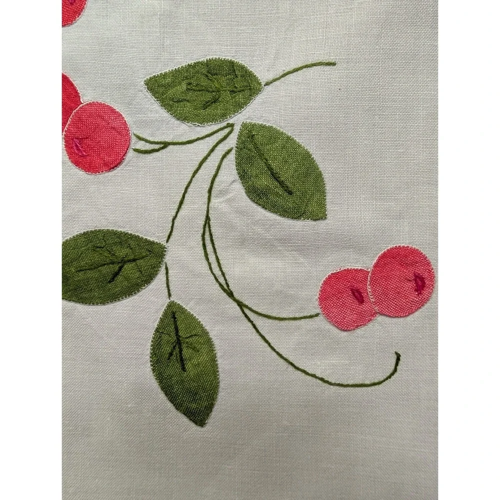 Vintage German Hand Embroidered Linen Tablecloth 4 Napkins Set Cherry 33